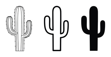 Fototapeta premium Three Cactus Icons: Outline, Silhouette, and Detailed Vector Art for Desert and Botanical Designs
