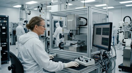 Fototapeta premium Engineer operating a scatterometry device examining line edge roughness variations on silicon wafers in a hightech cleanroom environment.