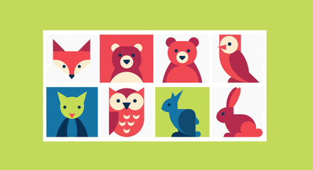Naklejka premium Cute Geometric Animal Icons Set: Fox, Bears, Owl, Cat, Rabbit