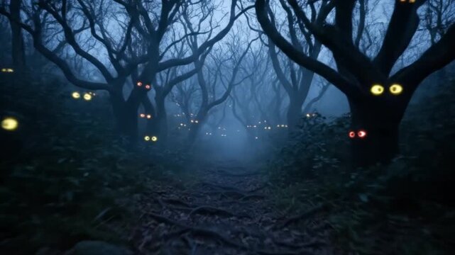 Mysterious dark forest path at twilight with numerous glowing eyes appearing from the trees, creating an eerie and supernatural atmosphere.
