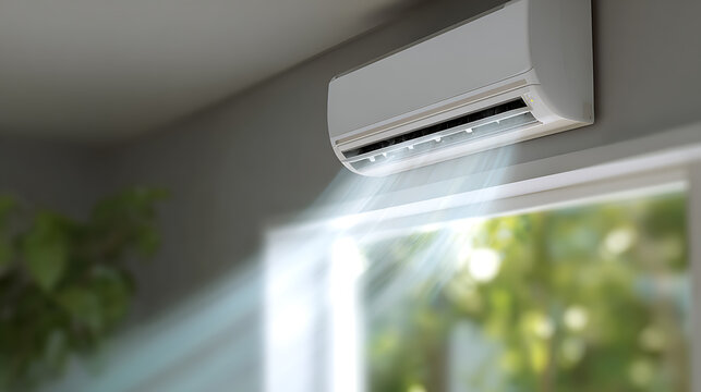 Modern split system unit dispense cool fresh air through room above window, indoor comfort climate control technology, home cooling solution