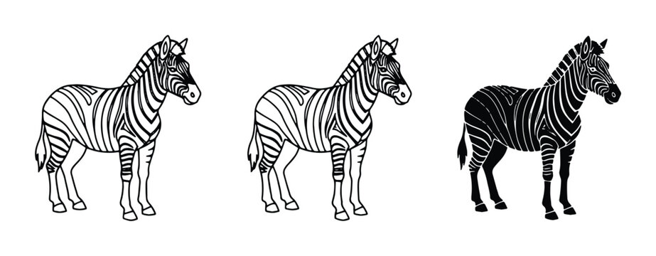 Three Zebra Illustrations, Outline, Line Art, and Silhouette Vector Graphics for Wildlife and African Safari Themes