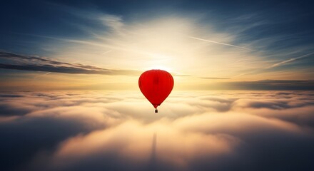 Fototapeta premium A single red heart shaped balloon floating above a sea of clouds at sunset.