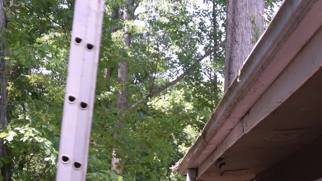 Raising ladder to clean my white roof of broken tree limbs and leaves after heavy rain