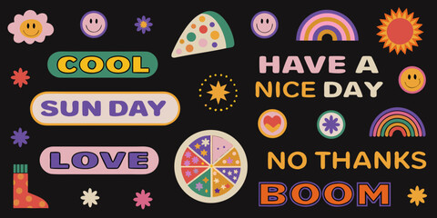 retro sticker collection with colorful shapes and positive messages © Parash