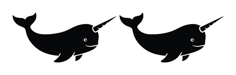 Two black narwhal whale icons, simple flat design, marine mammal vector illustration for ocean themes © Mahin