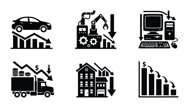 Business Decline Icons: Car, Factory, Computer, Truck, Housing, Finance Charts, Vector Set