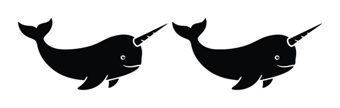 Two black narwhal whale icons, simple flat design, marine mammal vector illustration for ocean themes