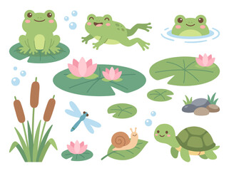 Obraz premium Cute Frog Pond Nature Blob Brush Style Illustration Set Lily Pad Dragonfly Turtle Vector Bundle