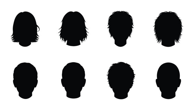 Diverse Hairstyles Silhouettes, Male and Female Head Shapes, Vector Icons for Beauty and Personal Care Graphics