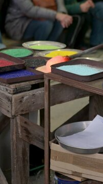 Close Up of Colorful Murano Glass Pigments Inside Venetian Glass Factory
