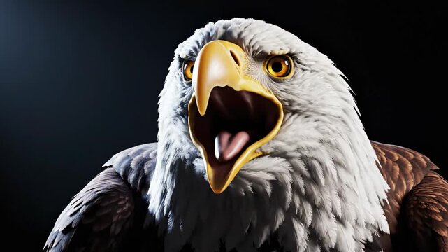 Majestic eagle head turning with open beak expression in dramatic lighting