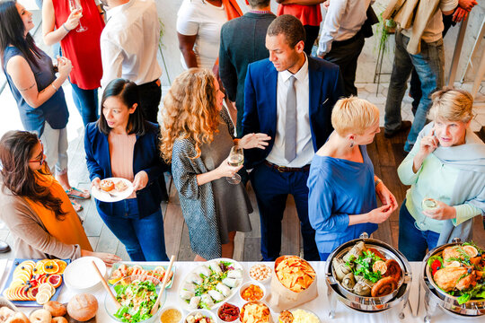 Vibrant social gathering with food