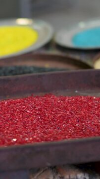 Close Up of Colorful Murano Glass Pigments Inside Venetian Glass Factory