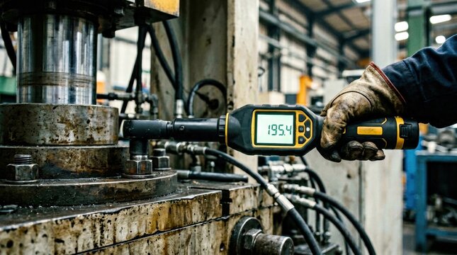 Close medium shot of a smart torque tools digital screen capturing and displaying torque values during a fastener tightening process on industrial equipment.