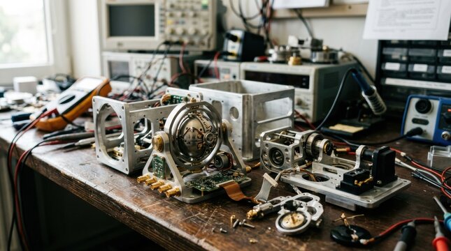 Disassembled aircraft inertial navigation unit displayed on test bench highlighting detailed mechanical parts and precision engineering up close.