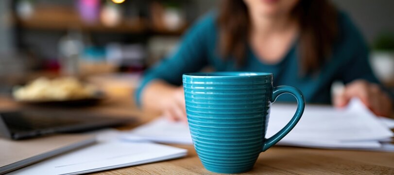 Educator grading papers with coffee mug and snacks in classroom setting