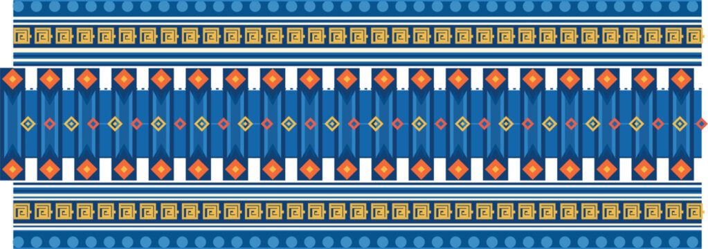 Blue traditional border pattern with geometric shapes and meander details for apparel or textile decoration.