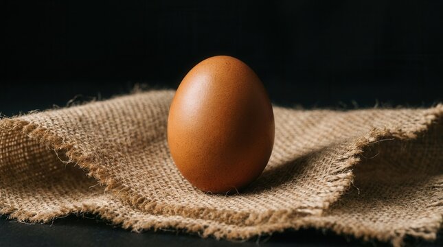 Brown chicken egg resting on rustic burlap fabric with dark background