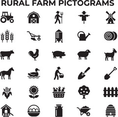 Rural farm pictograms set with tractor, barn, farmer, scarecrow, and windmill. © Farzana Akter Munni