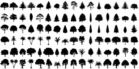 tree silhouettes collection various shapes and species black on white © Biplab