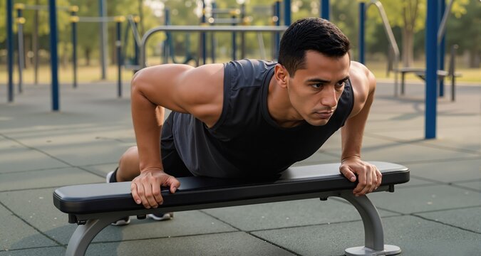 Push up on bench in outdoor gym, focusing on strength, control and proper form.
