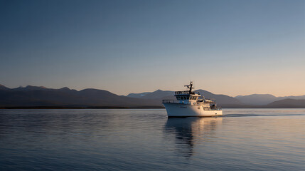 Obraz premium Sunlit Boat Voyage on Calm Waters with Majestic Mountain Backdrop; Serene Nautical Scene at Dawn or Dusk Reflecting Tranquility