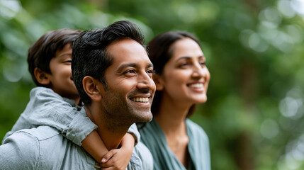Obraz premium Diverse Indian family enjoying a picnic in a lush green park, happy father carrying his son while mother smiles, warm family lifestyle and outdoor bonding concept, faceless, faces
