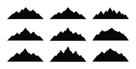 Set of nine black mountain silhouette icons, diverse peak shapes, vector graphic elements for nature and adventure themes © Arman