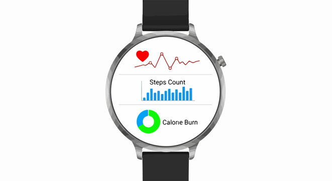 Smartwatch display showing step count, heart rate, and active burn calories with health monitoring icons. Modern fitness tracker interface for wellness apps.