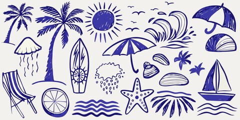 Obraz premium summer vacation doodles hand drawn blue line art collection