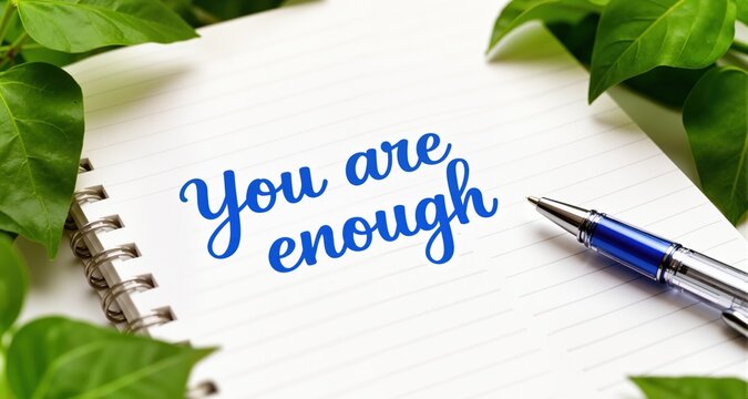 Note reads you are enough in blue script on notepad page. Pen rests nearby, green leaves frame scene. Peaceful message offers comfort and validation.
