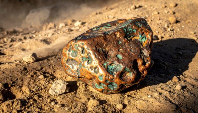 A heavy, unworked copper nugget showcasing natural verdigris and pitted texture, resting on the earthy ground.