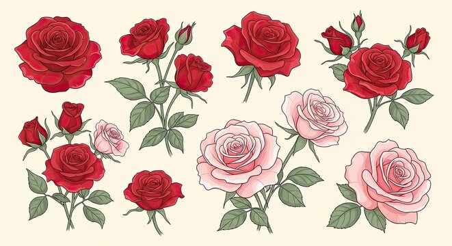 Collection of garden rose blooms in red and pink.