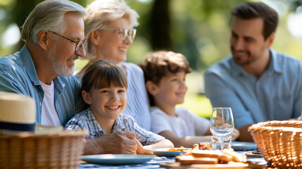 Fototapeta premium Happy extended family in a park sharing a picnic with love and bonding, elderly grandparents, parents and excited children playing outside, multigenerational family reunion