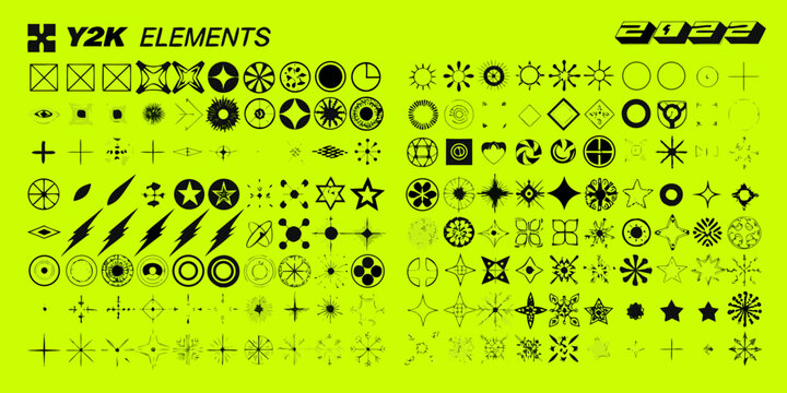 y2k cyber icons and symbols collection black on lime green