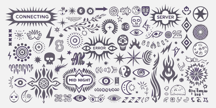 collection of hand drawn y2k style tribal sigils and symbols