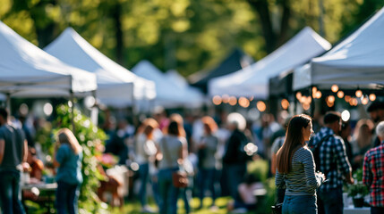 Obraz premium People enjoying a sunny afternoon at an outdoor park festival with tents and group activities, community leisure and lifestyle concept, faceless, faces not clearly visible,