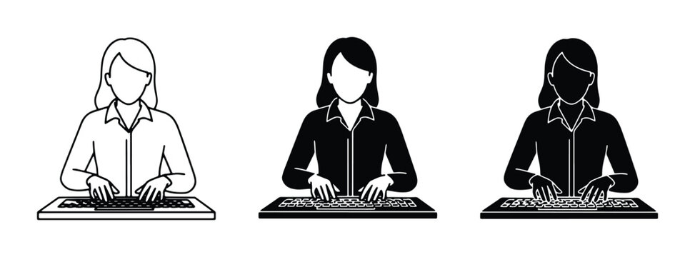 Typing woman icons, silhouette and outline, representing data entry, office work, and digital communication concepts.