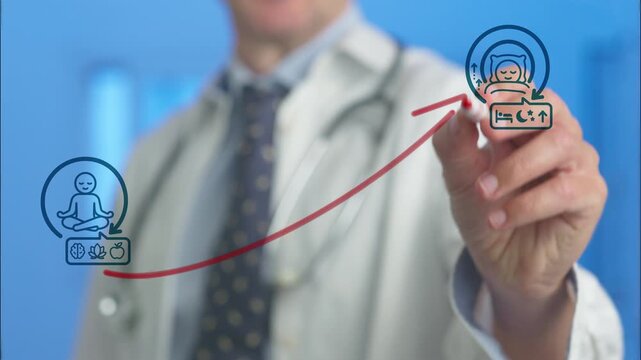 Medical professional illustrating the connection between a healthy lifestyle. Including meditation and proper nutrition. And the improvement of sleep quality. Drawing a rising arrow on a glass screen