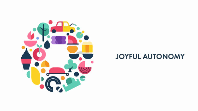 Joyful autonomy colorful abstract circle logo with diverse icons and shapes. Minimalist design featuring interconnected elements for positive energy and teamwork concepts.