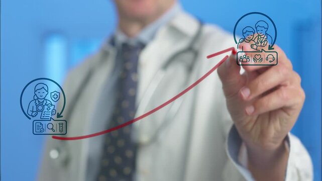 Medical professional in a white coat drawing an ascending red arrow on a transparent screen, connecting icons representing medical analysis and patient care, symbolizing growth in healthcare
