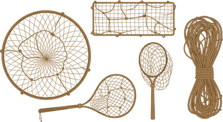 Fishing net equipment vector illustration collection featuring rope nets, trap mesh, landing net and traditional fishing tools set © Ratna