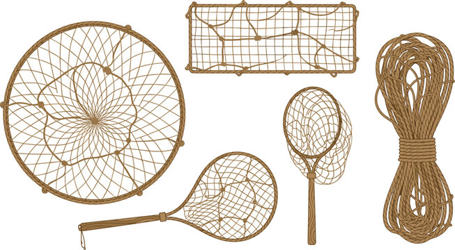 Fishing net equipment vector illustration collection featuring rope nets, trap mesh, landing net and traditional fishing tools set
