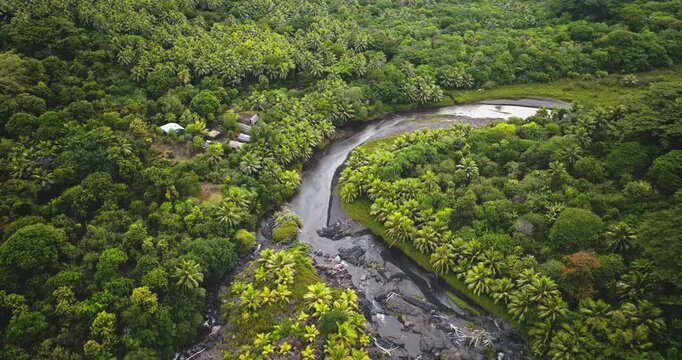 Winding river with black volcanic rocks and lush green jungle foliage forest leading to a small village near Port Resolution, Tanna Island, Vanuatu. Remote travel destination. Aerial view drone flight