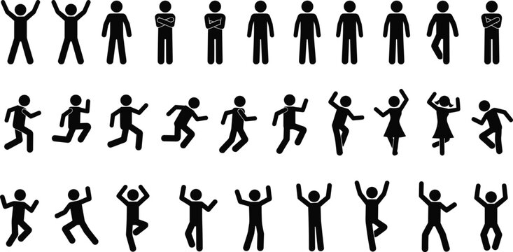 Black human silhouette poses vector collection with standing running dancing and jumping figures for activity icon design
