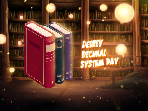 Colorful books glowing in a magical library scene celebrating dewey decimal system day with warm lights