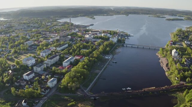 Aerial footage of Sortavala town on sunny summer morning. Karelia, Russia.