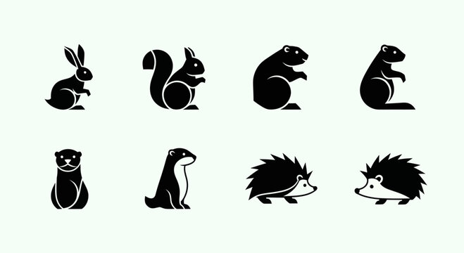 Cute Woodland Animal Silhouettes Collection: Rabbit, Squirrel, Beaver, Groundhog, Otter