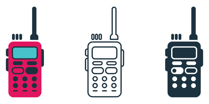 Walkie talkie icon collection in flat, outline and glyph styles representing radio communication, emergency contact and wireless device